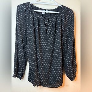 Susina Black Printed Peasant Blouse XL Long Sleeve Tie Neck Boho